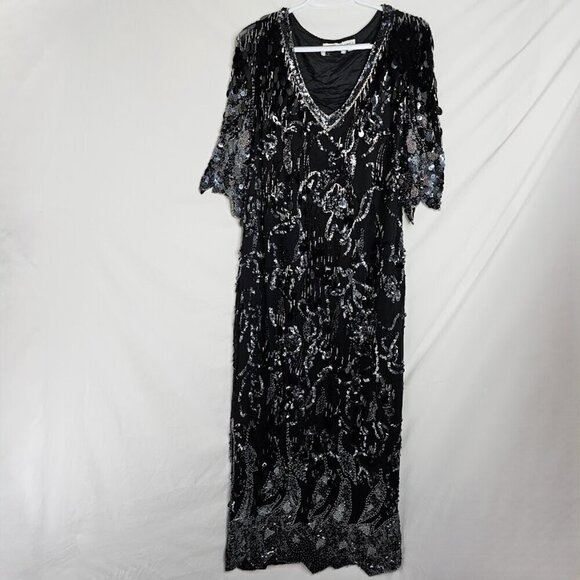 Vtg OLEG CASSINI Silk Dress BLACK Beaded size 10 Great Gatsby Cocktail Evening - Picture 2 of 13